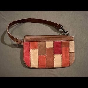 Fossil Brand Patchwork Brown Leather Wristlet Wallet Pouch Zipper Inside Pocket